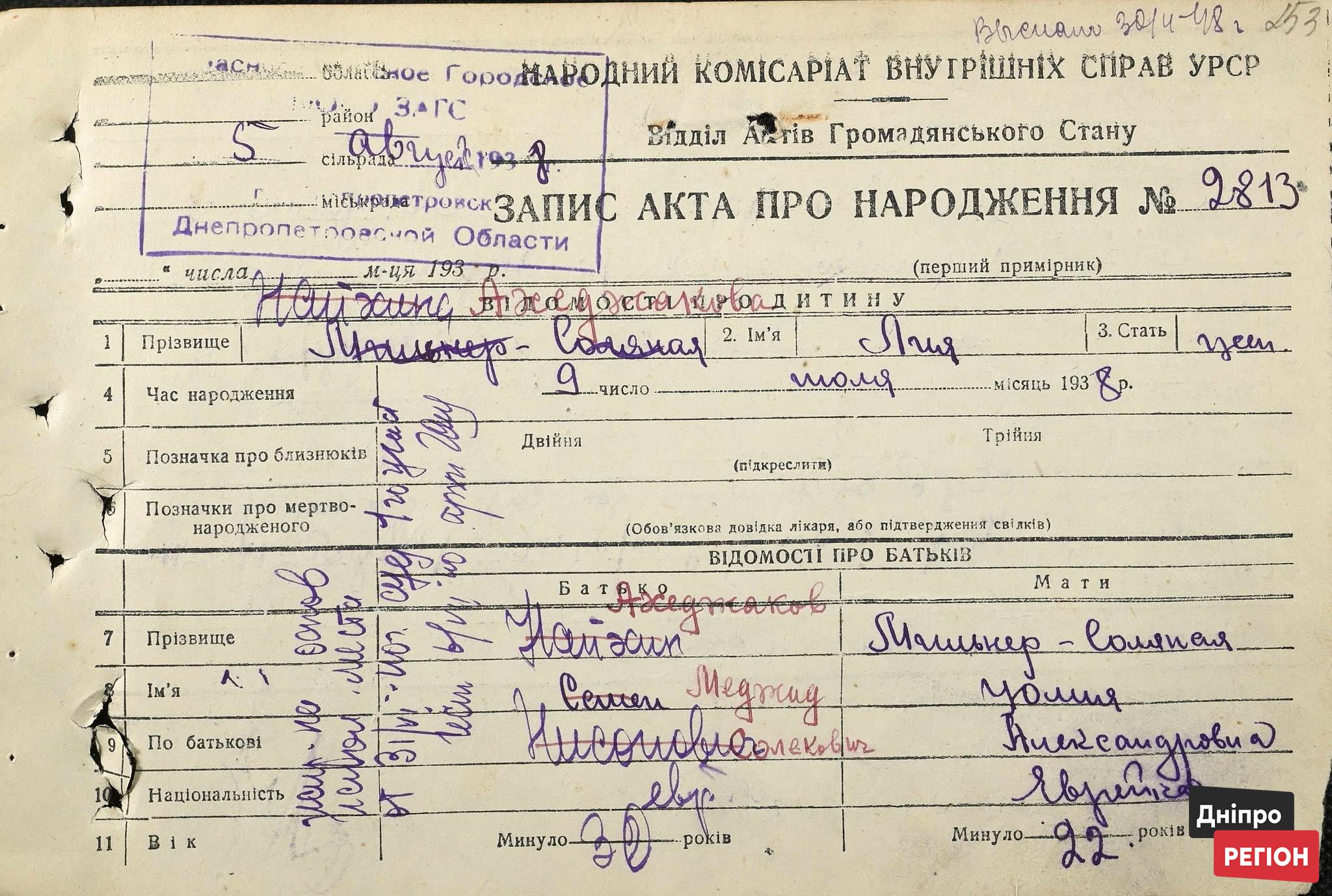 В архіві Дніпра знайшли документ про народження Лії Ахеджакової 